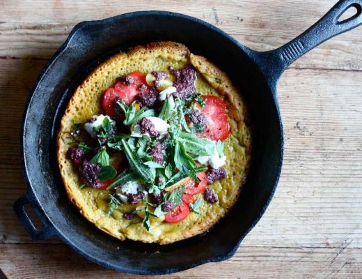 Sophie Zalokar Recipe for Crisp Spcca with Labna Heirloom Tomatoes Herbs Olive Dressing