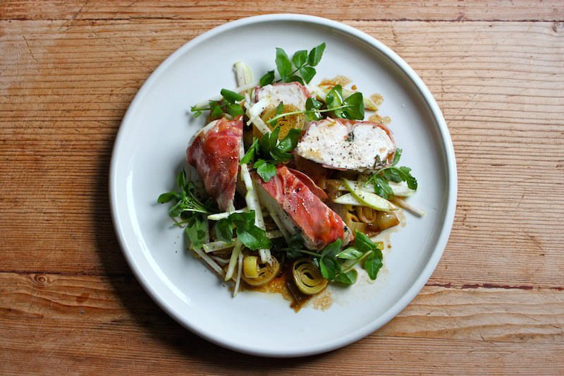 Sophie Zalokar Recipe for Prosciutto-Wrapped Chicken with Leek Apple Watercress