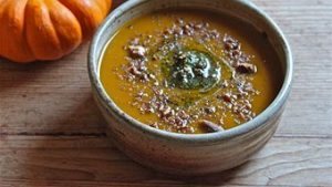 Pumpkin soup with roasted almond pesto recipe